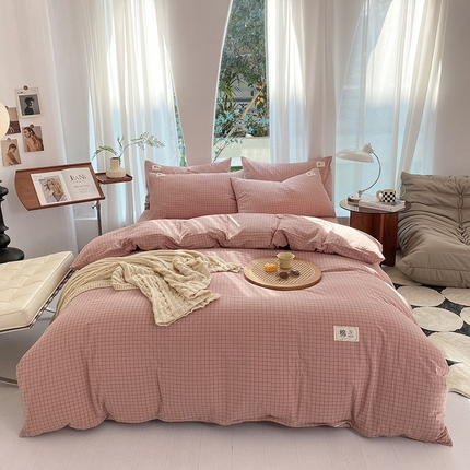 云家2023无印风色织全棉纯棉水洗棉系列四件套纯色格子 粉小格