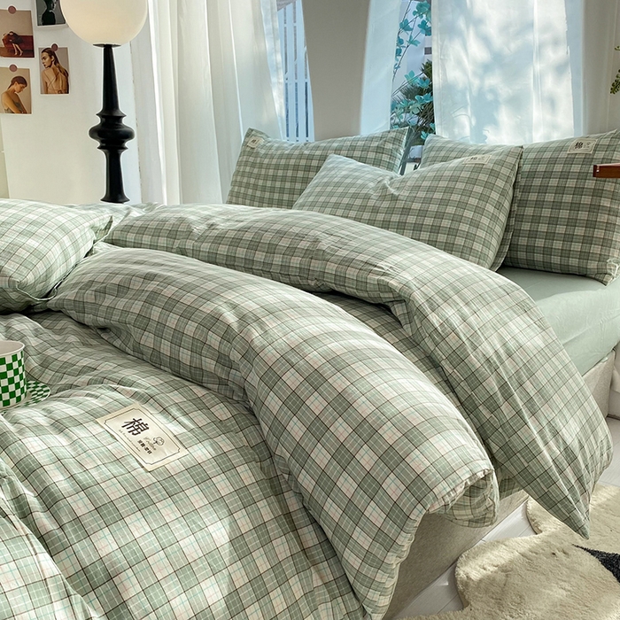 91家纺网 家纺一手货源 找家纺 云家2023无印风色织全棉纯棉水洗棉系列四件套纯色格子 法尔曼绿