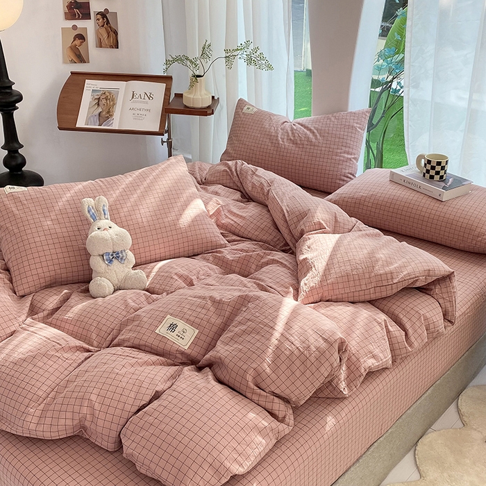 91家纺网 家纺一手货源 找家纺 云家2023无印风色织全棉纯棉水洗棉系列四件套纯色格子 粉小格