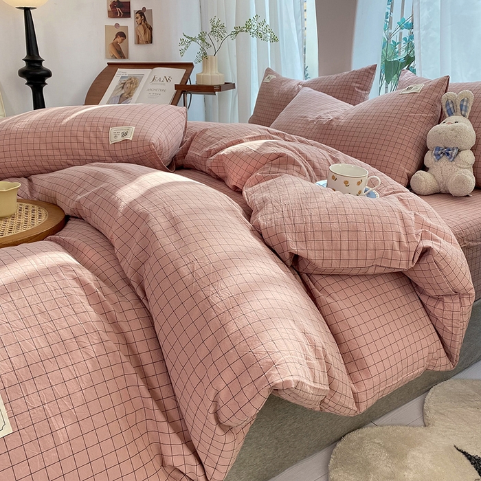 91家纺网 家纺一手货源 找家纺 云家2023无印风色织全棉纯棉水洗棉系列四件套纯色格子 粉小格