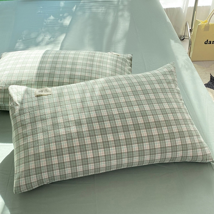 91家纺网 家纺一手货源 找家纺 云家2023无印风色织全棉纯棉水洗棉系列四件套纯色格子 法尔曼绿