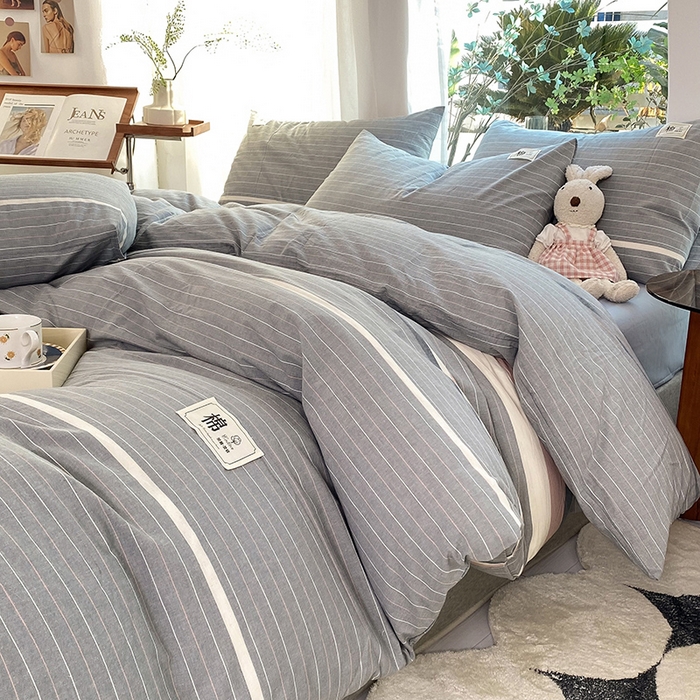 91家纺网 家纺一手货源 找家纺 云家2023无印风色织全棉纯棉水洗棉系列四件套纯色格子 光阴灰