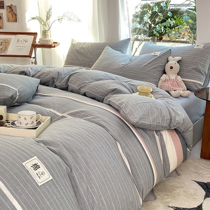 91家纺网 家纺一手货源 找家纺 云家2023无印风色织全棉纯棉水洗棉系列四件套纯色格子 光阴灰