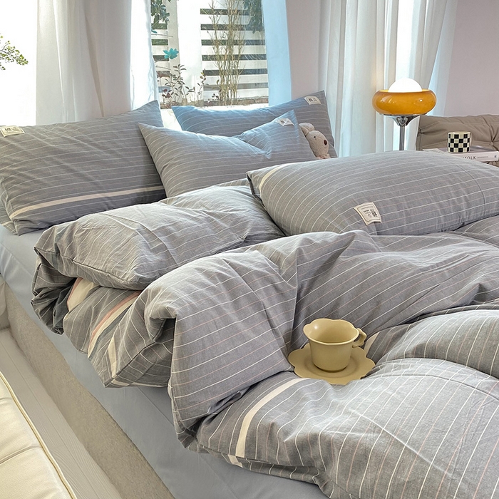 91家纺网 家纺一手货源 找家纺 云家2023无印风色织全棉纯棉水洗棉系列四件套纯色格子 光阴灰