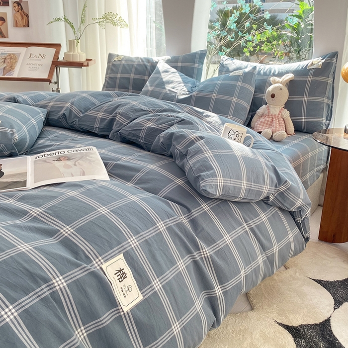 91家纺网 家纺一手货源 找家纺 云家2023无印风色织全棉纯棉水洗棉系列四件套纯色格子 海蓝大格