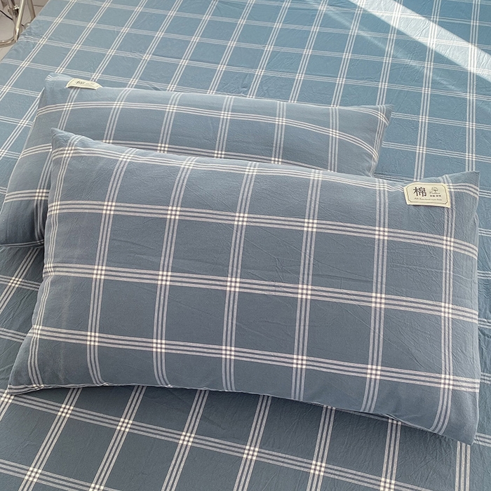 91家纺网 家纺一手货源 找家纺 云家2023无印风色织全棉纯棉水洗棉系列四件套纯色格子 海蓝大格