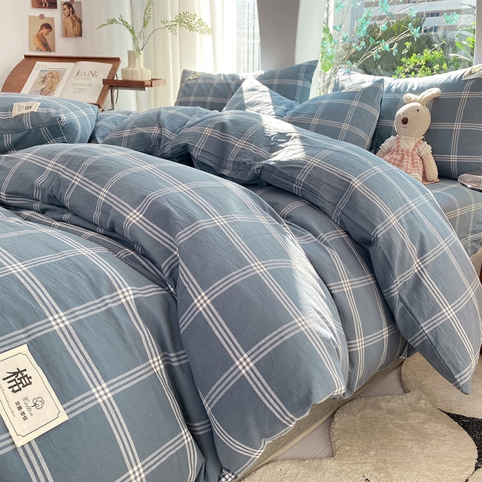 91家纺网 家纺一手货源 找家纺 云家2023无印风色织全棉纯棉水洗棉系列四件套纯色格子 海蓝大格