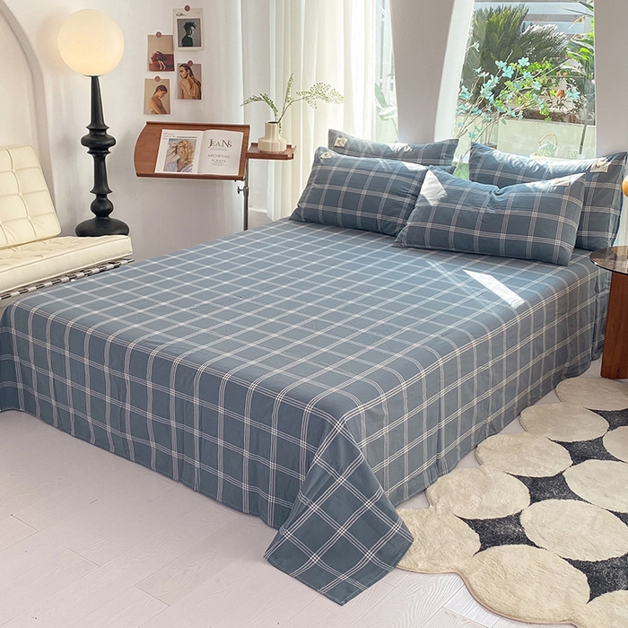 91家纺网 家纺一手货源 找家纺 云家2023无印风色织全棉纯棉水洗棉系列四件套纯色格子 海蓝大格