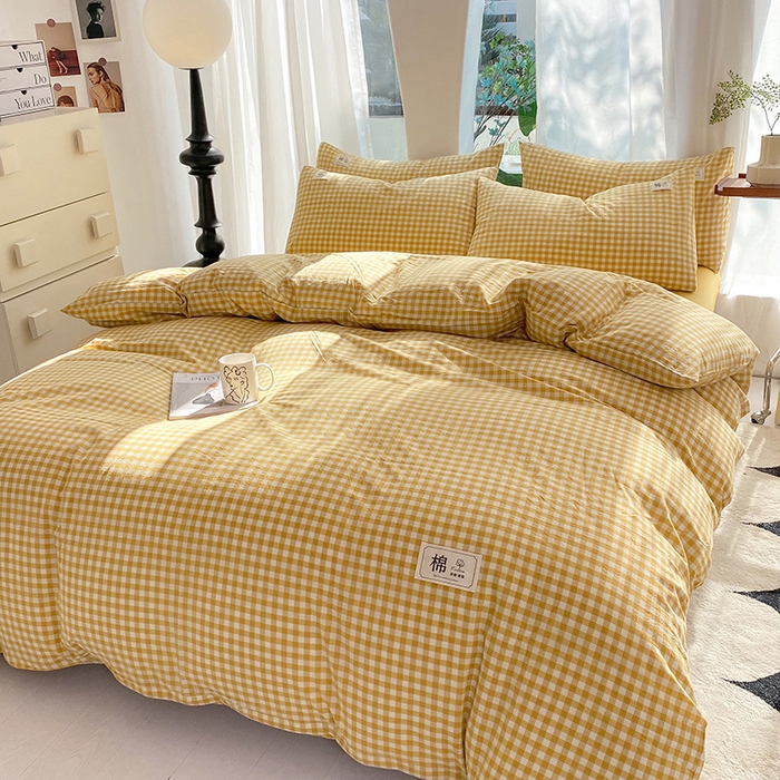 91家纺网 家纺一手货源 找家纺 云家2023无印风色织全棉纯棉水洗棉系列四件套纯色格子 黄小格