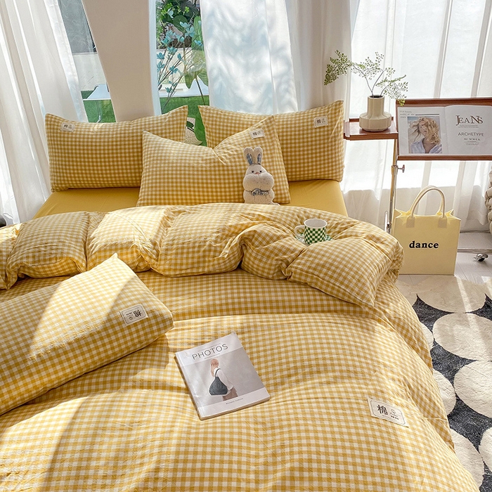 91家纺网 家纺一手货源 找家纺 云家2023无印风色织全棉纯棉水洗棉系列四件套纯色格子 黄小格