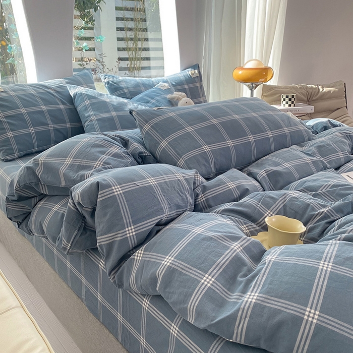 91家纺网 家纺一手货源 找家纺 云家2023无印风色织全棉纯棉水洗棉系列四件套纯色格子 海蓝大格