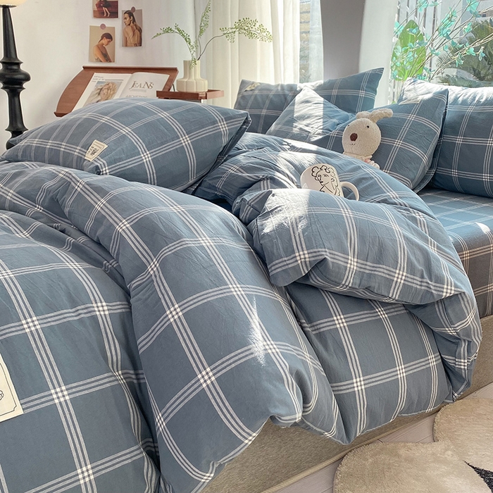 91家纺网 家纺一手货源 找家纺 云家2023无印风色织全棉纯棉水洗棉系列四件套纯色格子 海蓝大格