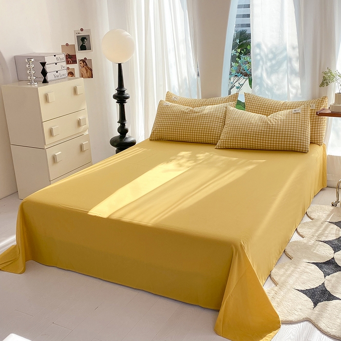 91家纺网 家纺一手货源 找家纺 云家2023无印风色织全棉纯棉水洗棉系列四件套纯色格子 黄小格