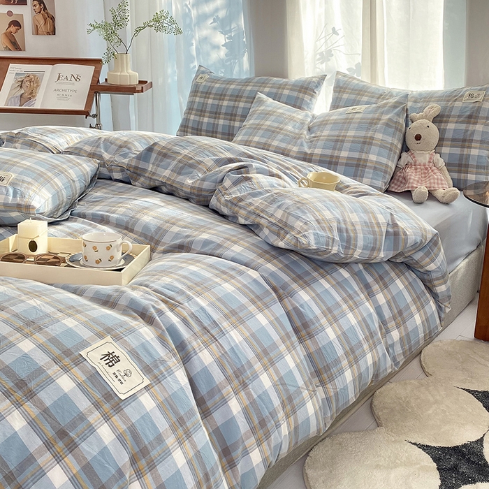 91家纺网 家纺一手货源 找家纺 云家2023无印风色织全棉纯棉水洗棉系列四件套纯色格子 简兮兰