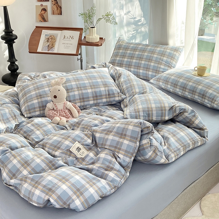 91家纺网 家纺一手货源 找家纺 云家2023无印风色织全棉纯棉水洗棉系列四件套纯色格子 简兮兰