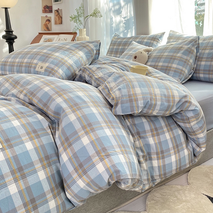 91家纺网 家纺一手货源 找家纺 云家2023无印风色织全棉纯棉水洗棉系列四件套纯色格子 简兮兰