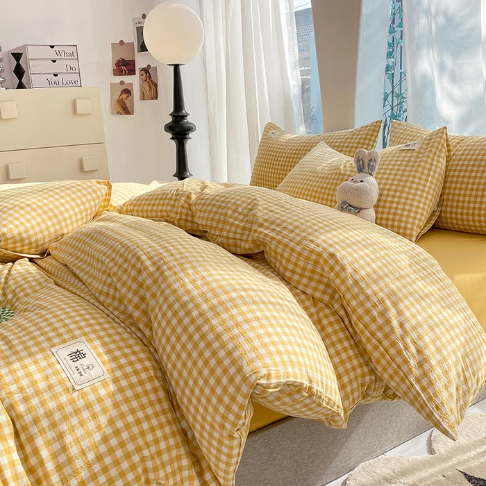 91家纺网 家纺一手货源 找家纺 云家2023无印风色织全棉纯棉水洗棉系列四件套纯色格子 黄小格