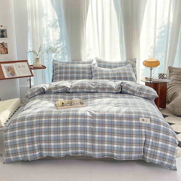 91家纺网 家纺一手货源 找家纺 云家2023无印风色织全棉纯棉水洗棉系列四件套纯色格子 简兮兰