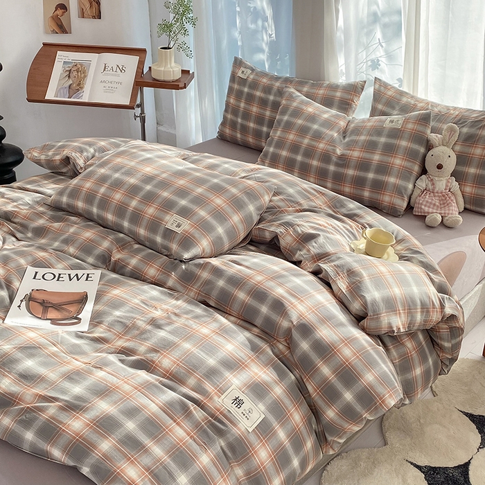 91家纺网 家纺一手货源 找家纺 云家2023无印风色织全棉纯棉水洗棉系列四件套纯色格子 洛卡灰