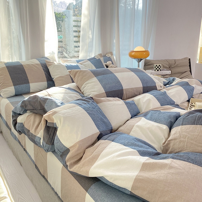 91家纺网 家纺一手货源 找家纺 云家2023无印风色织全棉纯棉水洗棉系列四件套纯色格子 蓝大格