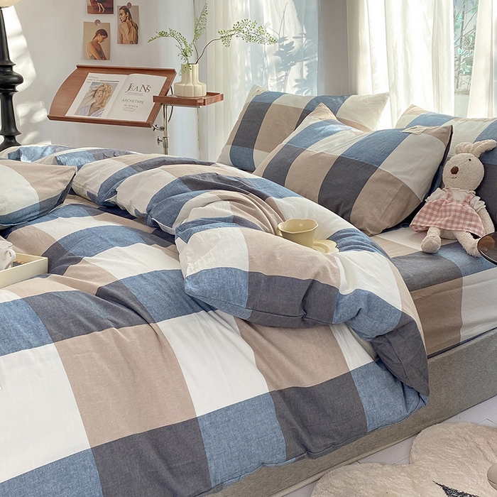 91家纺网 家纺一手货源 找家纺 云家2023无印风色织全棉纯棉水洗棉系列四件套纯色格子 蓝大格