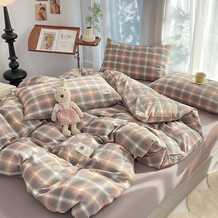 91家纺网 家纺一手货源 找家纺 云家2023无印风色织全棉纯棉水洗棉系列四件套纯色格子 洛卡灰