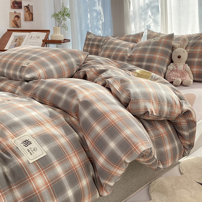 91家纺网 家纺一手货源 找家纺 云家2023无印风色织全棉纯棉水洗棉系列四件套纯色格子 洛卡灰