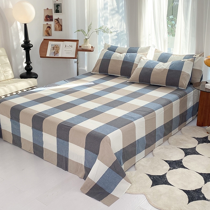 91家纺网 家纺一手货源 找家纺 云家2023无印风色织全棉纯棉水洗棉系列四件套纯色格子 蓝大格