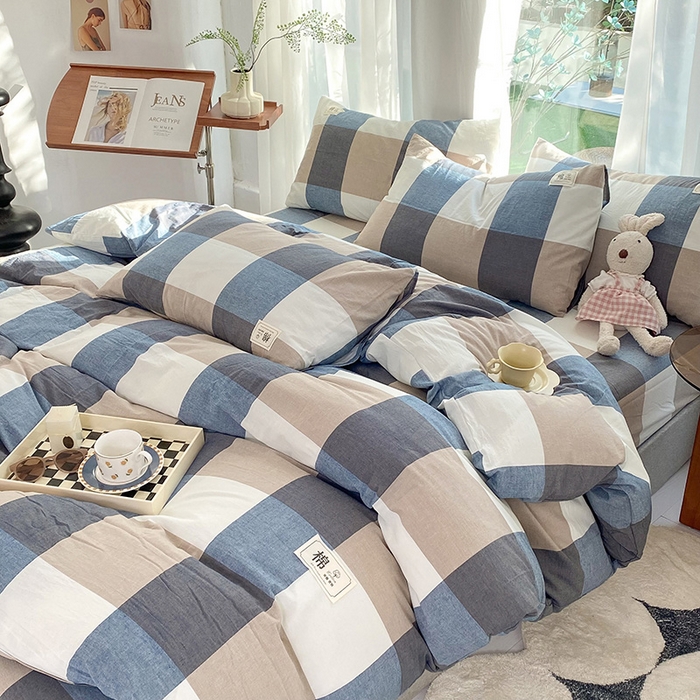 91家纺网 家纺一手货源 找家纺 云家2023无印风色织全棉纯棉水洗棉系列四件套纯色格子 蓝大格