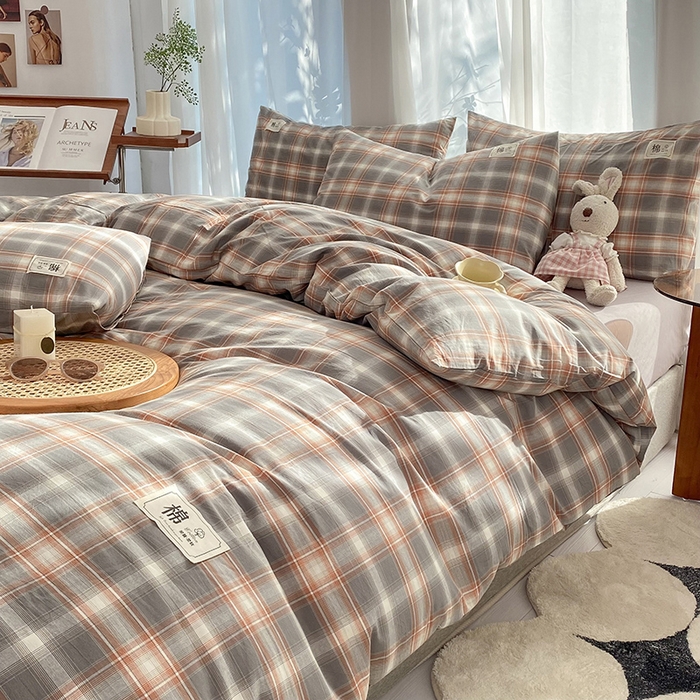 91家纺网 家纺一手货源 找家纺 云家2023无印风色织全棉纯棉水洗棉系列四件套纯色格子 洛卡灰