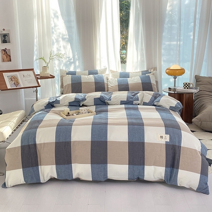 云家2023无印风色织全棉纯棉水洗棉系列四件套纯色格子 蓝大格