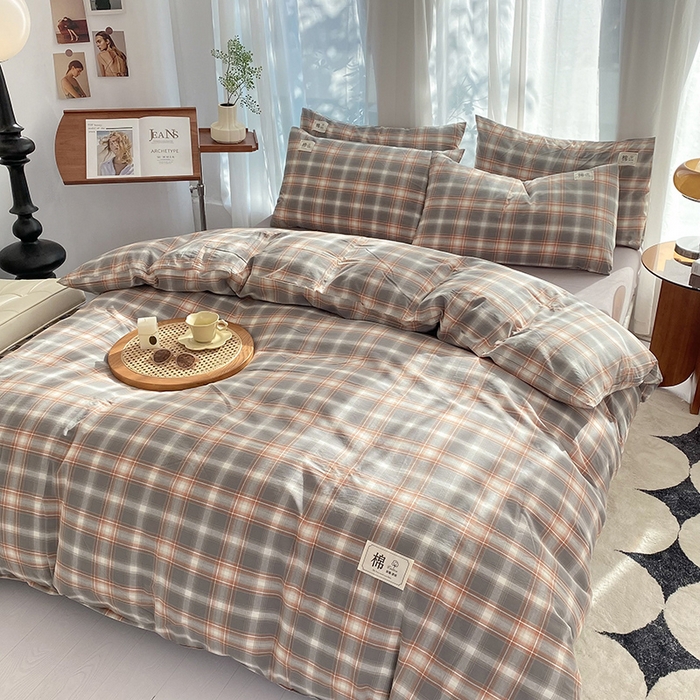 91家纺网 家纺一手货源 找家纺 云家2023无印风色织全棉纯棉水洗棉系列四件套纯色格子 洛卡灰