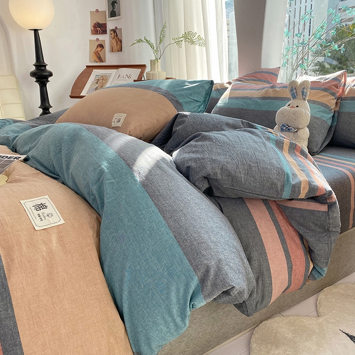 91家纺网 家纺一手货源 找家纺 云家2023无印风色织全棉纯棉水洗棉系列四件套纯色格子 斯诺克