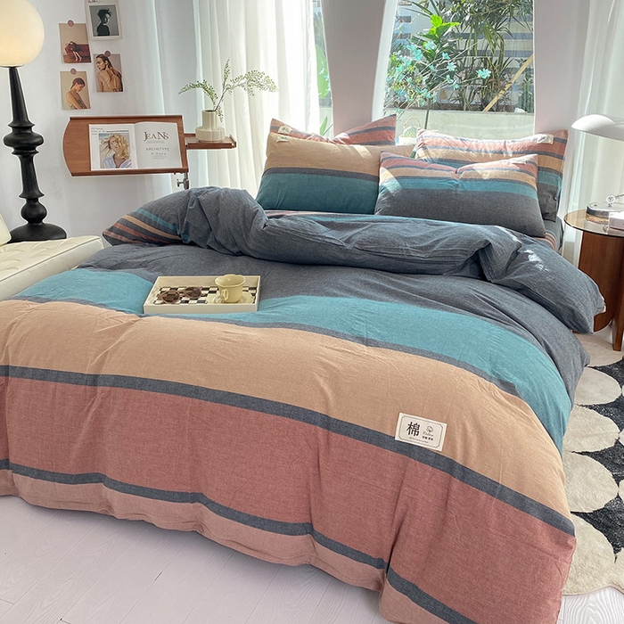 91家纺网 家纺一手货源 找家纺 云家2023无印风色织全棉纯棉水洗棉系列四件套纯色格子 斯诺克