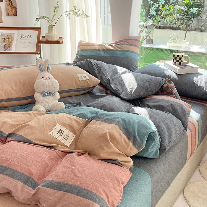 91家纺网 家纺一手货源 找家纺 云家2023无印风色织全棉纯棉水洗棉系列四件套纯色格子 斯诺克