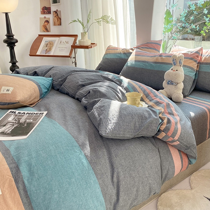 91家纺网 家纺一手货源 找家纺 云家2023无印风色织全棉纯棉水洗棉系列四件套纯色格子 斯诺克