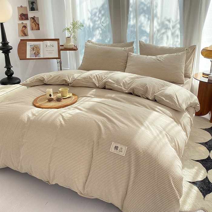 91家纺网 家纺一手货源 找家纺 云家2023无印风色织全棉纯棉水洗棉系列四件套纯色格子 米细条