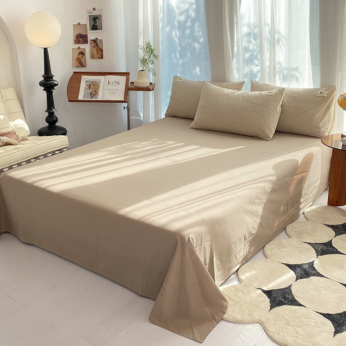 91家纺网 家纺一手货源 找家纺 云家2023无印风色织全棉纯棉水洗棉系列四件套纯色格子 米细条