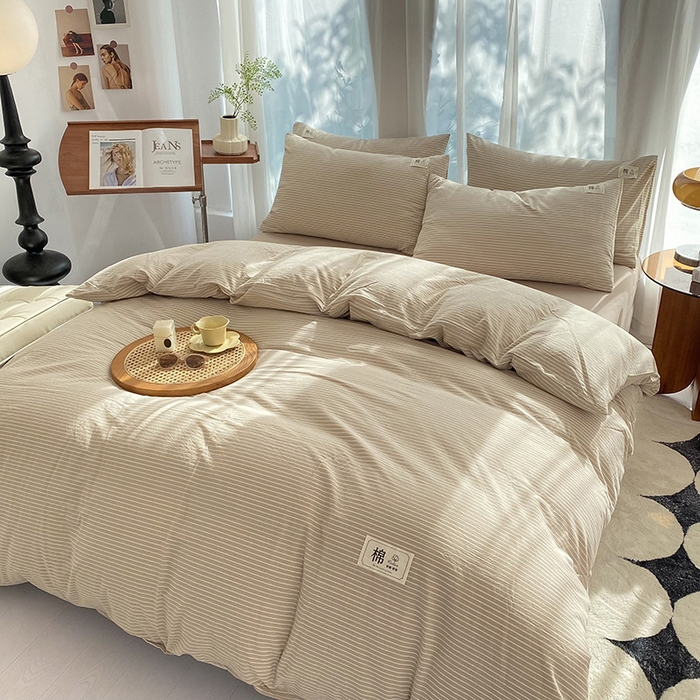 91家纺网 家纺一手货源 找家纺 云家2023无印风色织全棉纯棉水洗棉系列四件套纯色格子 米细条