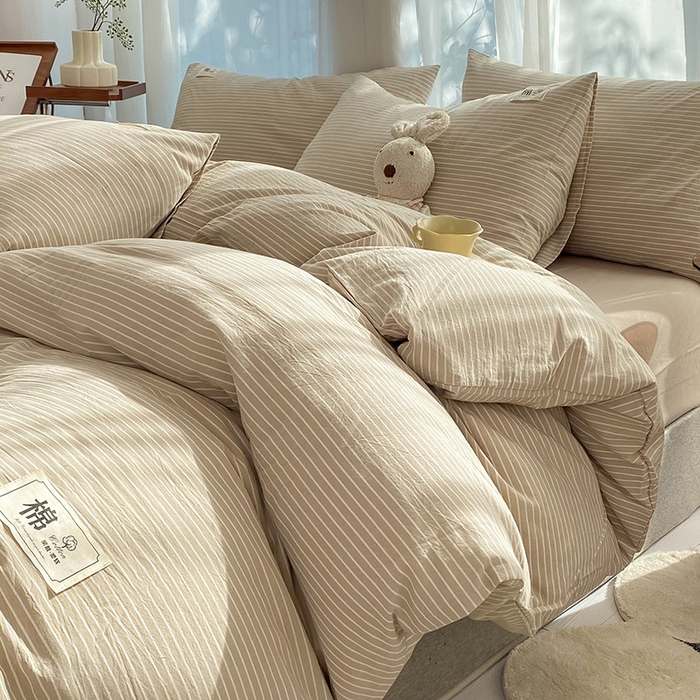 91家纺网 家纺一手货源 找家纺 云家2023无印风色织全棉纯棉水洗棉系列四件套纯色格子 米细条