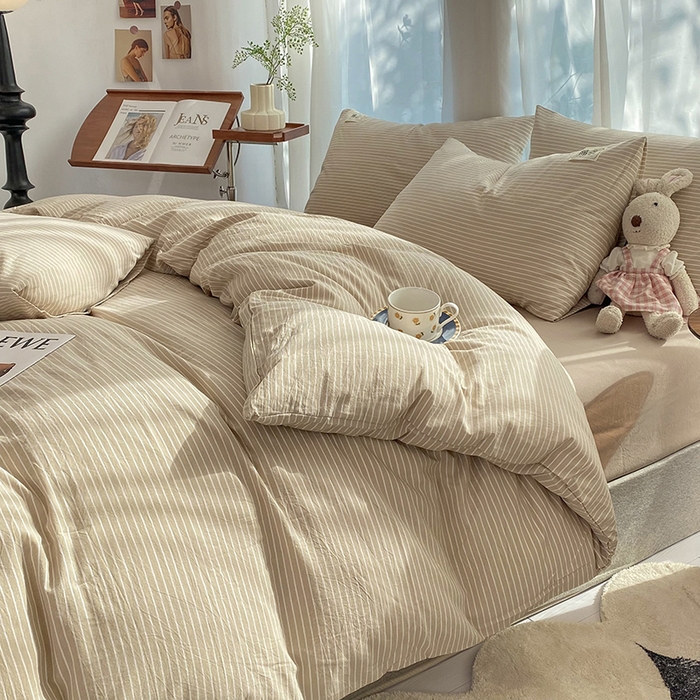 91家纺网 家纺一手货源 找家纺 云家2023无印风色织全棉纯棉水洗棉系列四件套纯色格子 米细条