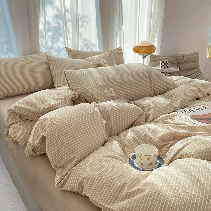 91家纺网 家纺一手货源 找家纺 云家2023无印风色织全棉纯棉水洗棉系列四件套纯色格子 米细条