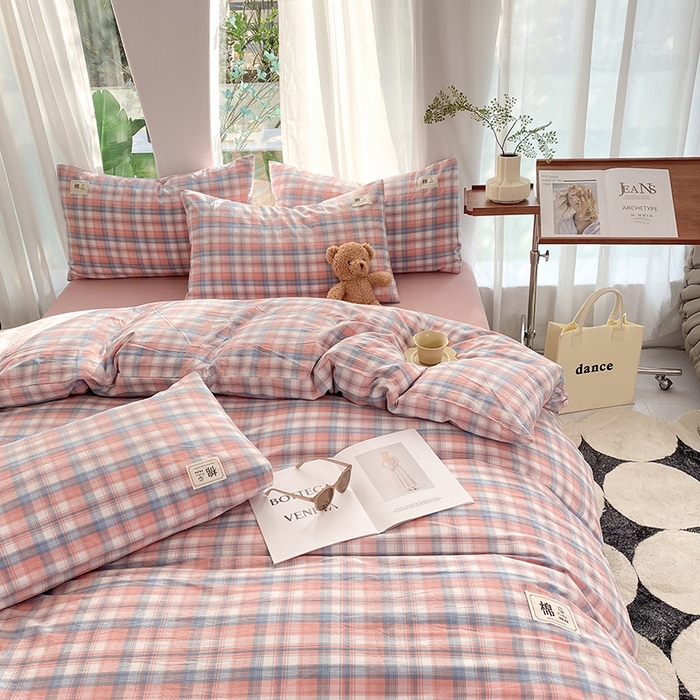 91家纺网 家纺一手货源 找家纺 云家2023无印风色织全棉纯棉水洗棉系列四件套纯色格子 云舒粉