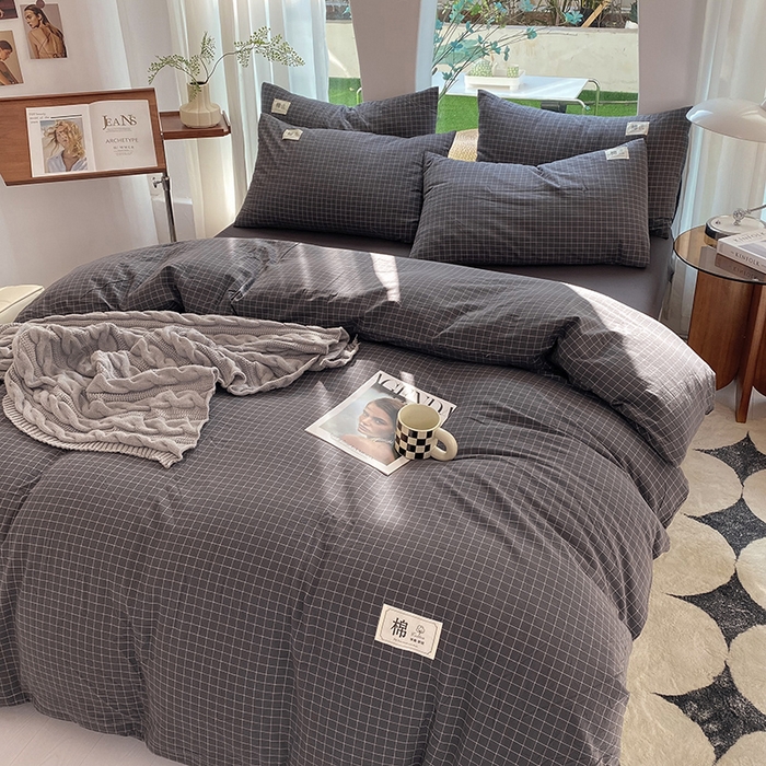 91家纺网 家纺一手货源 找家纺 云家2023无印风色织全棉纯棉水洗棉系列四件套纯色格子 小灰格