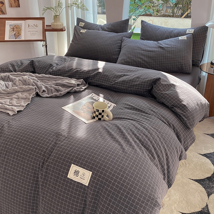 91家纺网 家纺一手货源 找家纺 云家2023无印风色织全棉纯棉水洗棉系列四件套纯色格子 小灰格