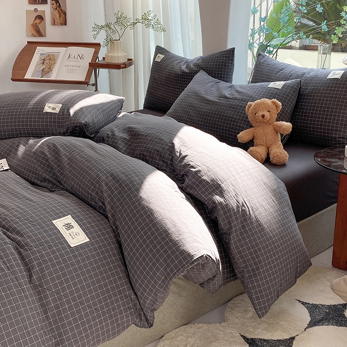 91家纺网 家纺一手货源 找家纺 云家2023无印风色织全棉纯棉水洗棉系列四件套纯色格子 小灰格