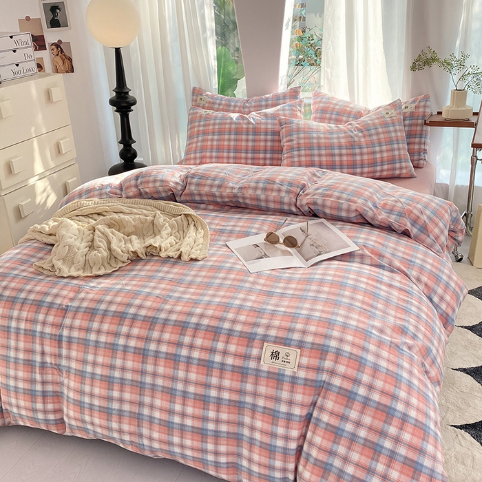 91家纺网 家纺一手货源 找家纺 云家2023无印风色织全棉纯棉水洗棉系列四件套纯色格子 云舒粉