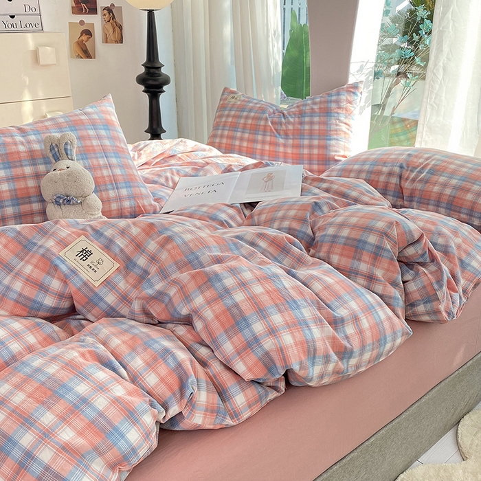 91家纺网 家纺一手货源 找家纺 云家2023无印风色织全棉纯棉水洗棉系列四件套纯色格子 云舒粉