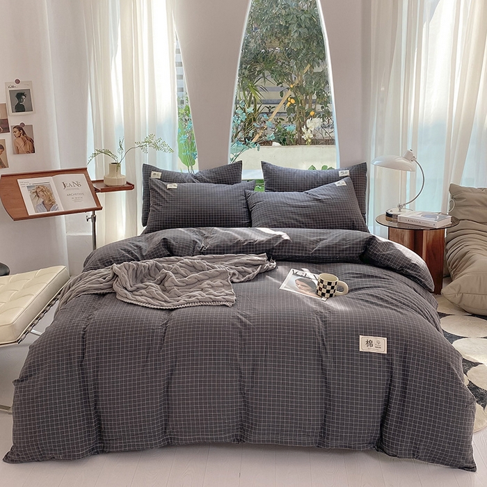 91家纺网 家纺一手货源 找家纺 云家2023无印风色织全棉纯棉水洗棉系列四件套纯色格子 小灰格