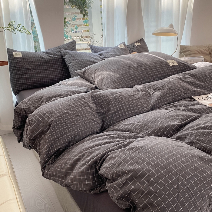 91家纺网 家纺一手货源 找家纺 云家2023无印风色织全棉纯棉水洗棉系列四件套纯色格子 小灰格